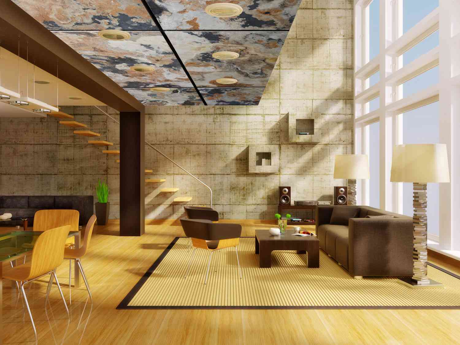 Living room with a feature wall using 3D peel & stick wall tiles adding texture and depth.